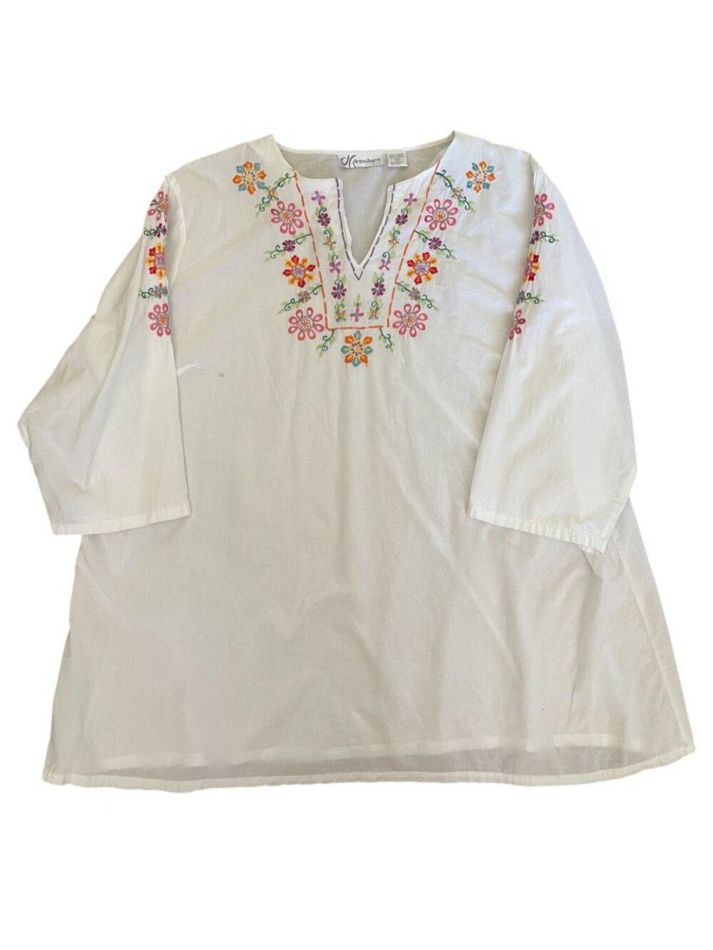 Dressbarn Womens PLUS 3X Cotton Boho Embroidered Tunic Peasant Blouse 3/4 Sleeve